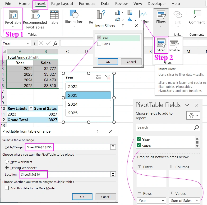 Pivot table settings