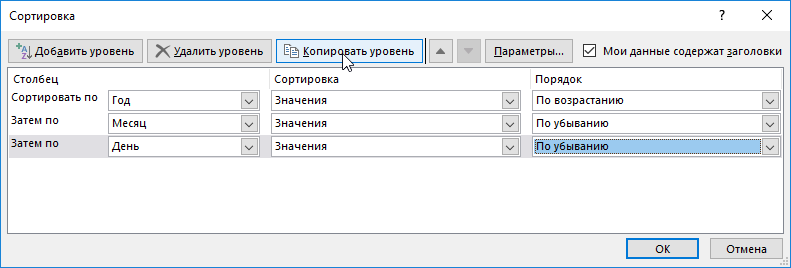 День по убыванию.
