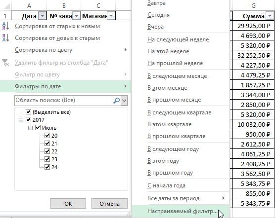 Фильтры по дате.