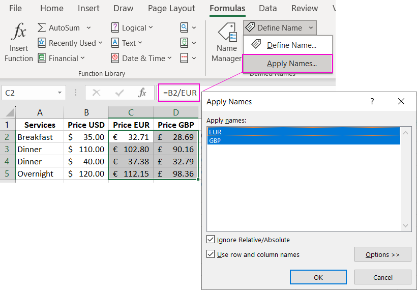 Apply Names to Formulas