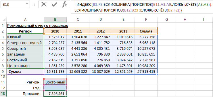 ИНДЕКС и ПОИСКПОЗ с несколькими условиями.