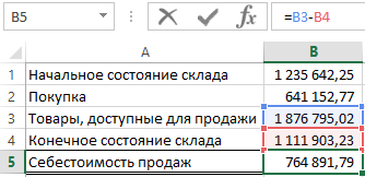 Формула COGS в Excel.