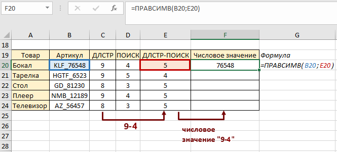 формула с ПРАВСИМВ