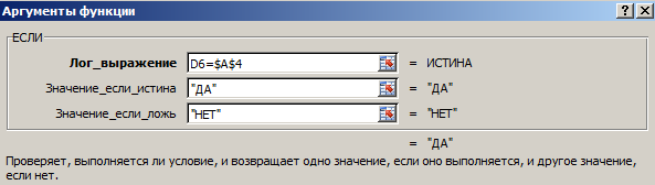 Аргументы функции ЕСЛИ.