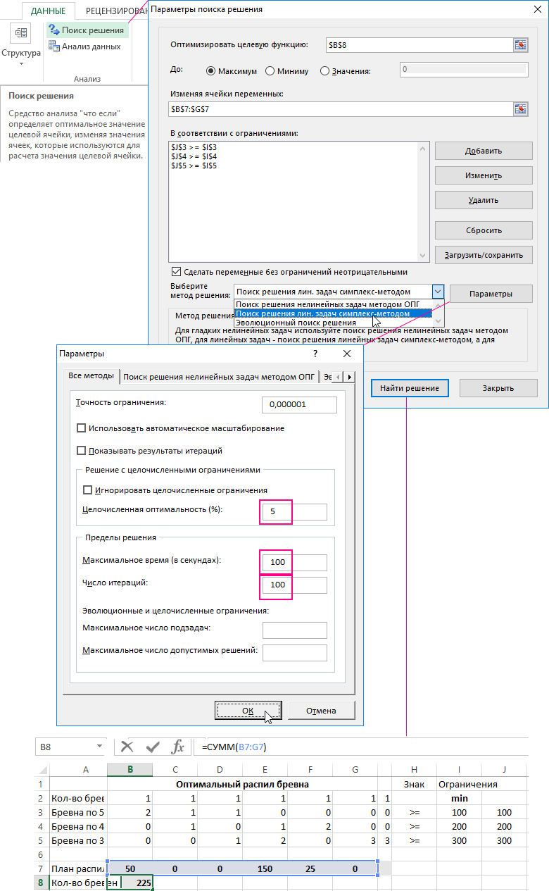 Параметры поиска решения.