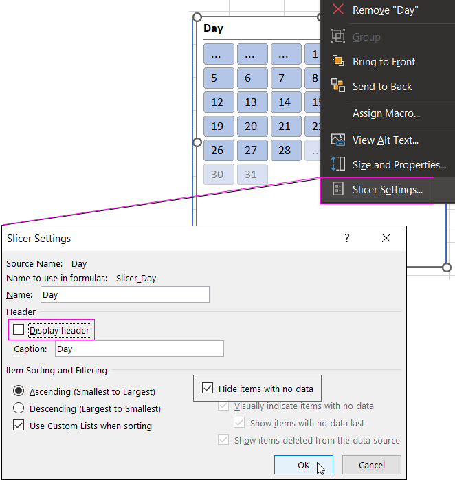Настройки параметров среза